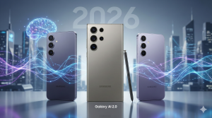 Samsung Galaxy S25 serisi (S25, S25 Plus ve S25 Ultra) akıllı telefonların 2026 yılı kapak görseli. Merkezde titanyum rengi S25 Ultra ve S-Pen yer alırken, çevresinde Galaxy AI 2.0 yapay zeka teknolojisini simgeleyen mavi dijital beyin ve veri akışları bulunuyor.