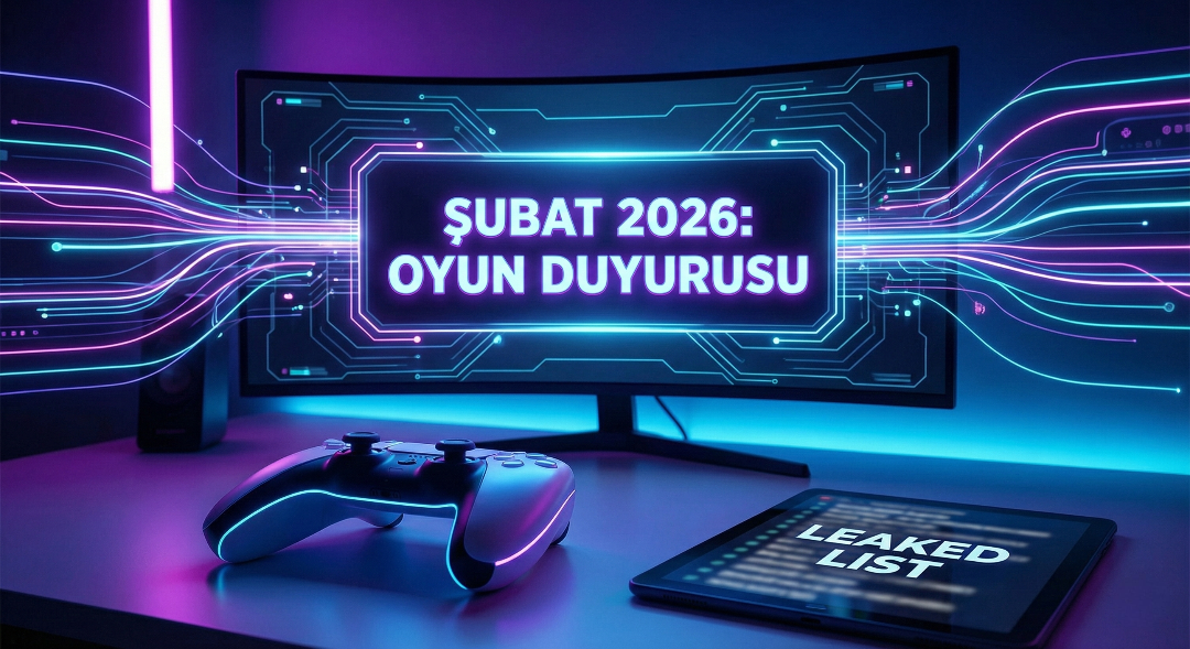 Neon ışıklı bir oyuncu masasında fütüristik oyun kontrolcüsü, üzerinde 'Şubat 2026: Oyun Duyurusu' yazan geniş kavisli bir monitör ve yanında 'Leaked List' yazılı dijital tabletin bulunduğu atmosferik oyun sızıntısı görseli.